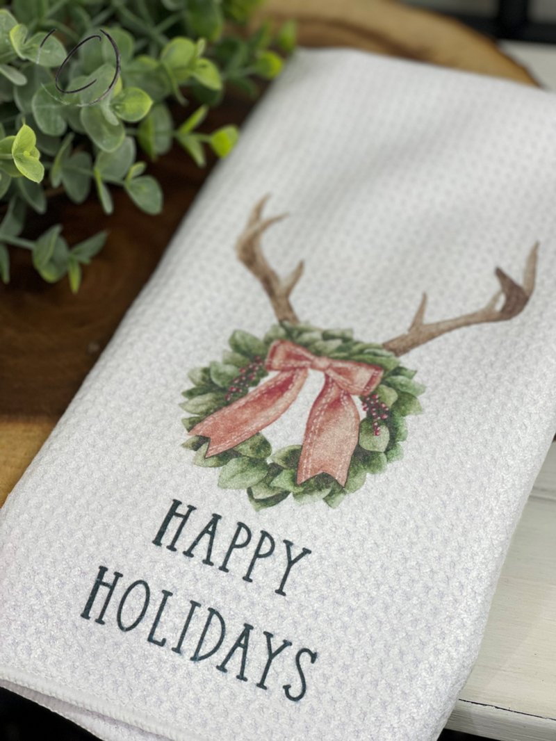 Happy Holidays Antlers Waffle Weave Tea Towel by CMD Wholesale