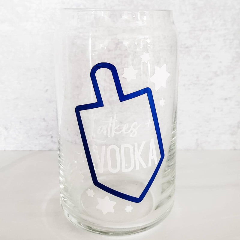 Latkes and Vodka Color Changing Hanukkah Glass Can Cup by Salt and Sparkle