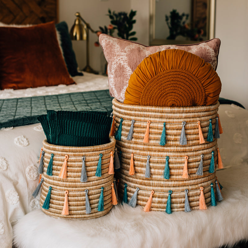 Sutton Woven Storage Basket and Joyful Tassel Set