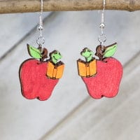 Apple with Happy Bookworm Wooden Earrings by Cate's Concepts, LLC