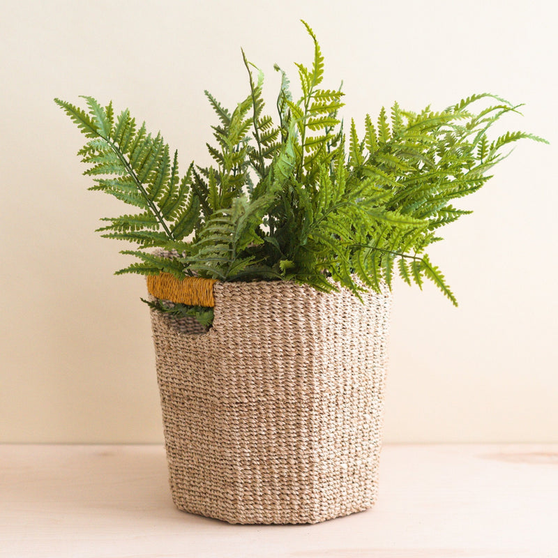 Natural Octagon Basket with Mustard Handle - Handwoven Bin | LIKHÂ by LIKHÂ
